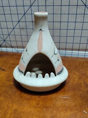 Hand-Painted Ceramic Tepee Incense Holder - Blush Feather Design